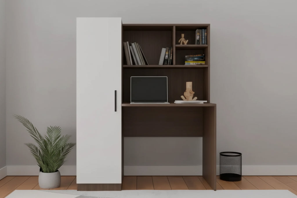 Modular furniture piece with a desk and storage cabinet in a room setting.