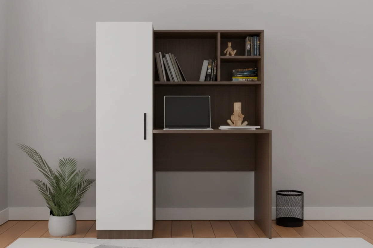 Modular furniture piece with a desk and storage cabinet in a room setting.