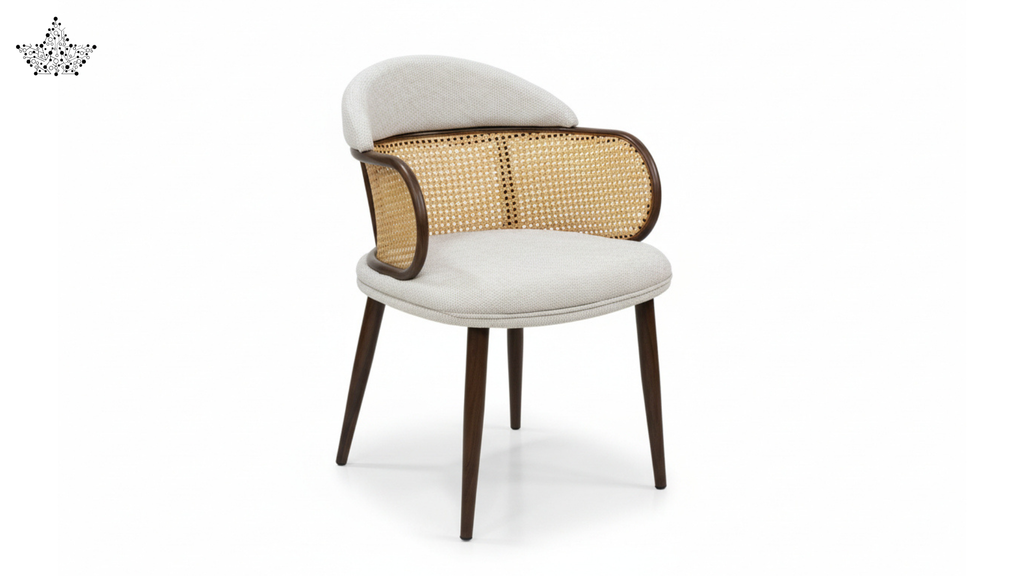Cane Back Chair – Cream Fabric with Walnut Frame