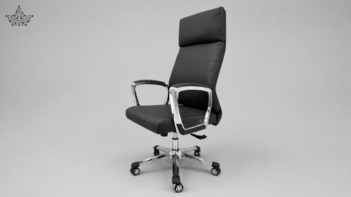 A modern black leather office chair with chrome armrests and a five-star wheeled base, shown against a neutral gray background.