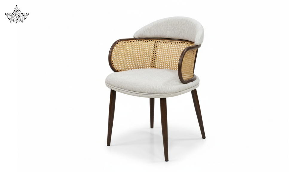 Cane Back Chair – Cream Fabric with Walnut Frame