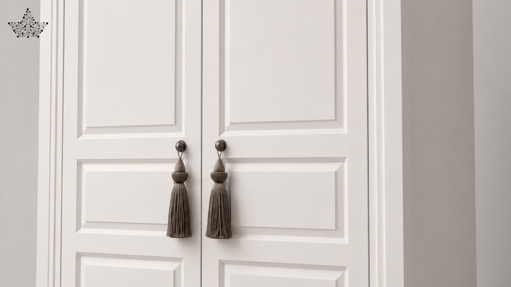 White paneled door with gray tassels on a neutral background