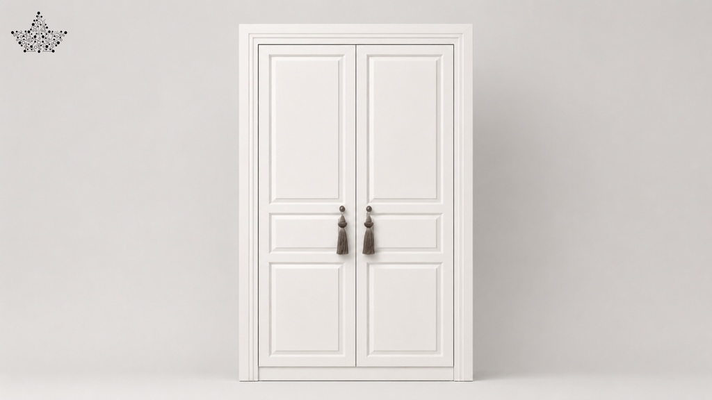 White double door wardrobe with decorative handles on a light gray background
