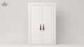 White double door wardrobe with decorative handles on a light gray background