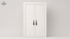 White double door wardrobe with decorative handles on a light gray background