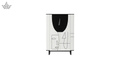 Modern black and white cabinet with abstract design on a white background