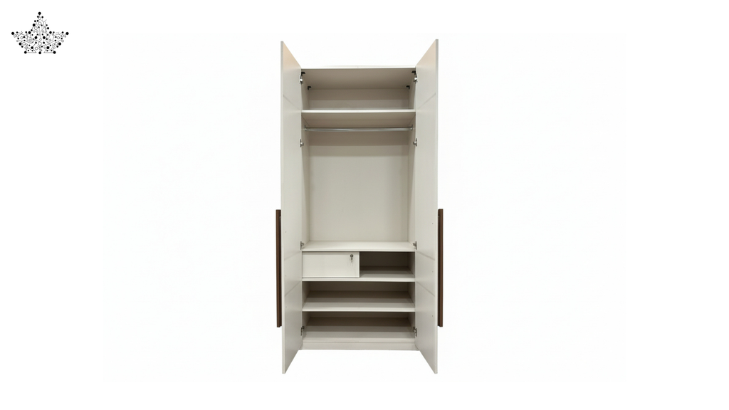 White wardrobe with open doors on a white background