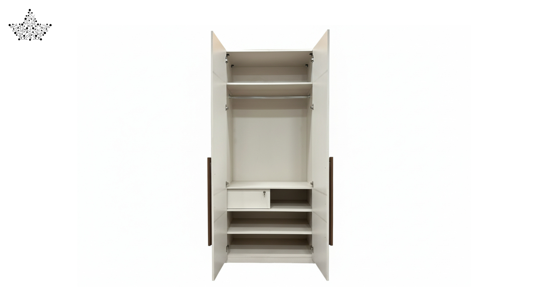 White wardrobe with open doors on a white background