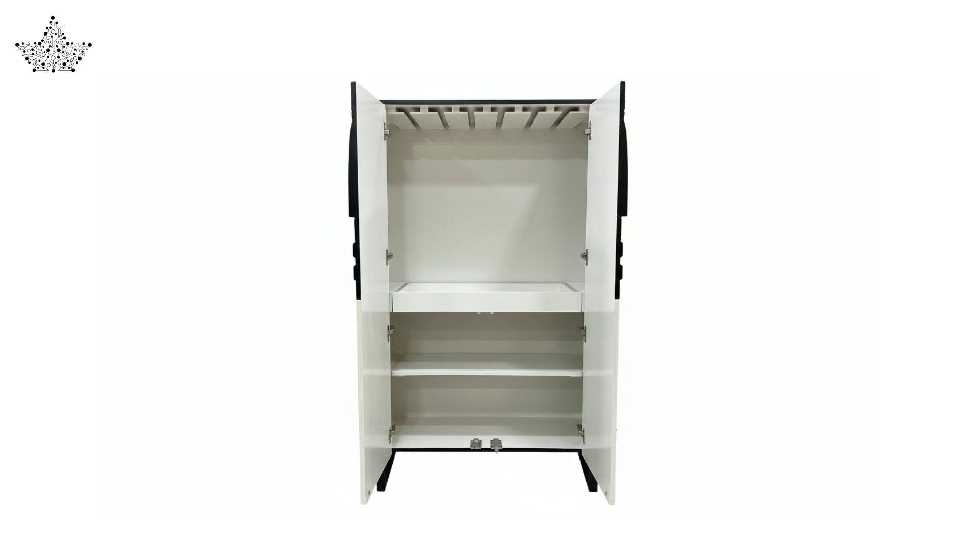 White wardrobe with open doors on a white background