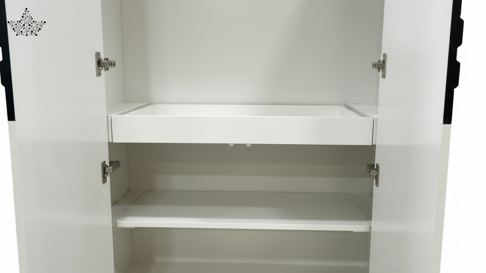 White cabinet with open doors showing empty shelves.
