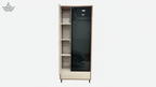 Tall wooden wardrobe with glass doors on a white background