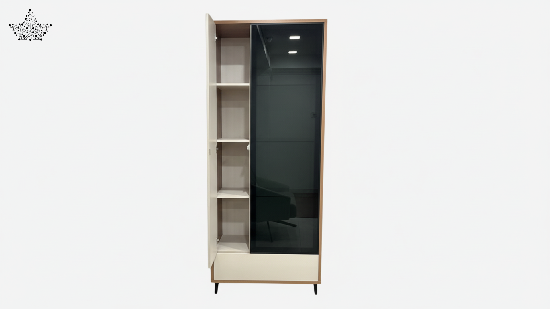 Tall wooden wardrobe with glass doors on a white background