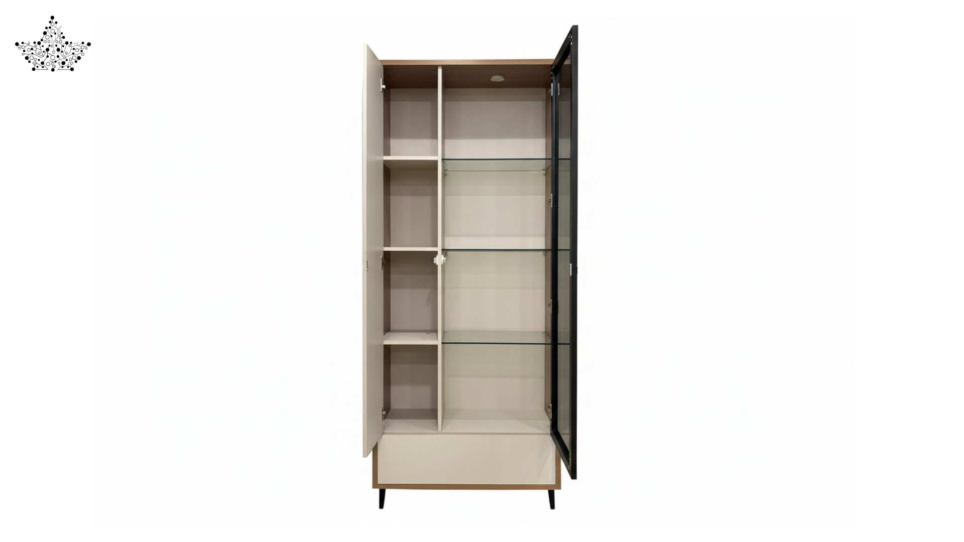Beige wardrobe with open doors on a white background