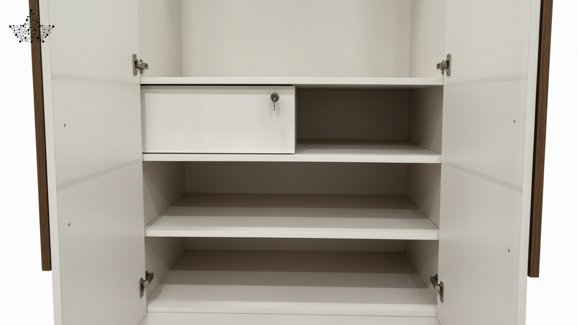 White wardrobe with open doors on a white background