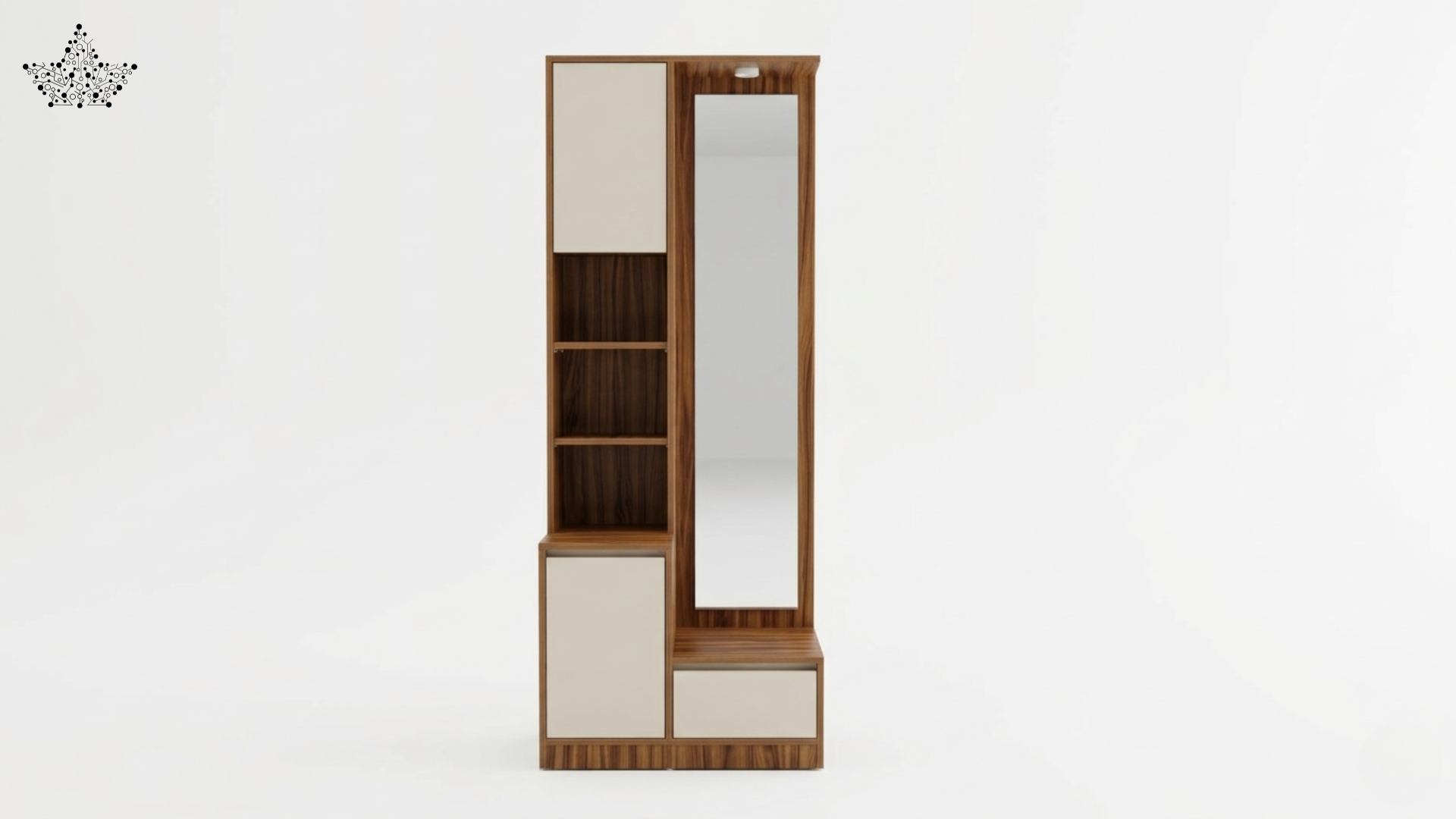 Wooden wardrobe with a mirror on a white background