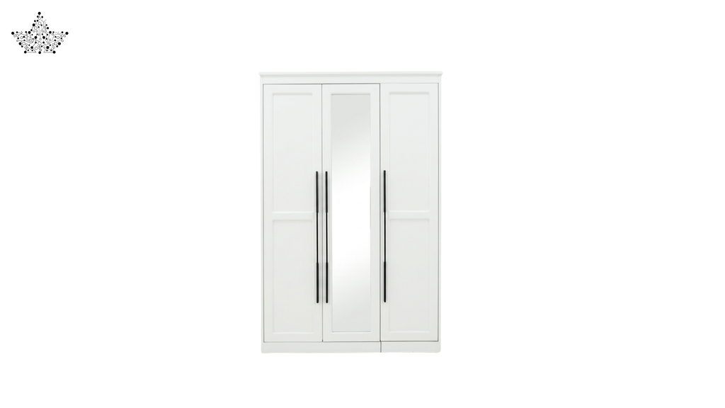 White wardrobe with black handles on a white background