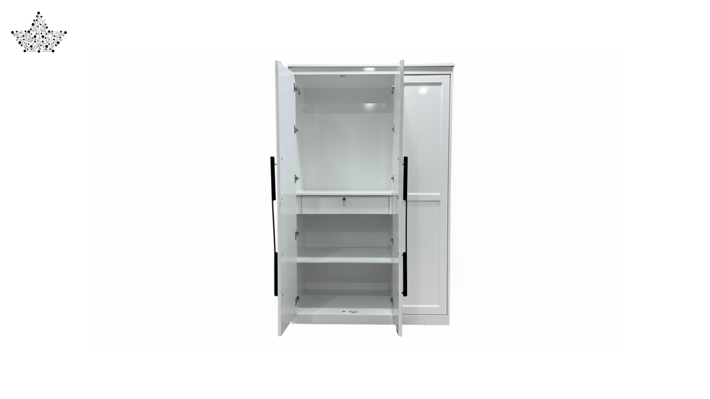 White wardrobe with open doors on a white background