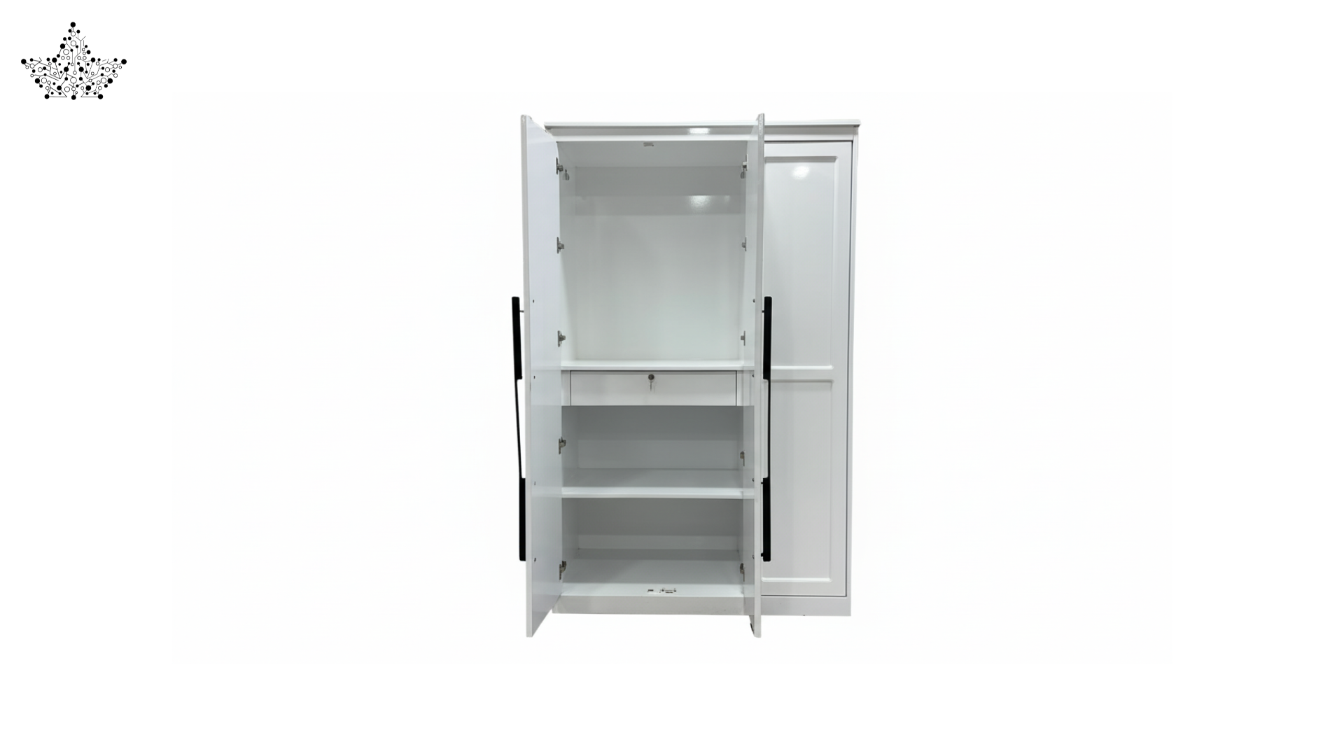 White wardrobe with open doors on a white background