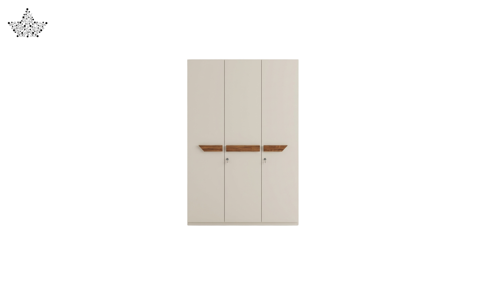 Beige wardrobe with wooden accents on a white background