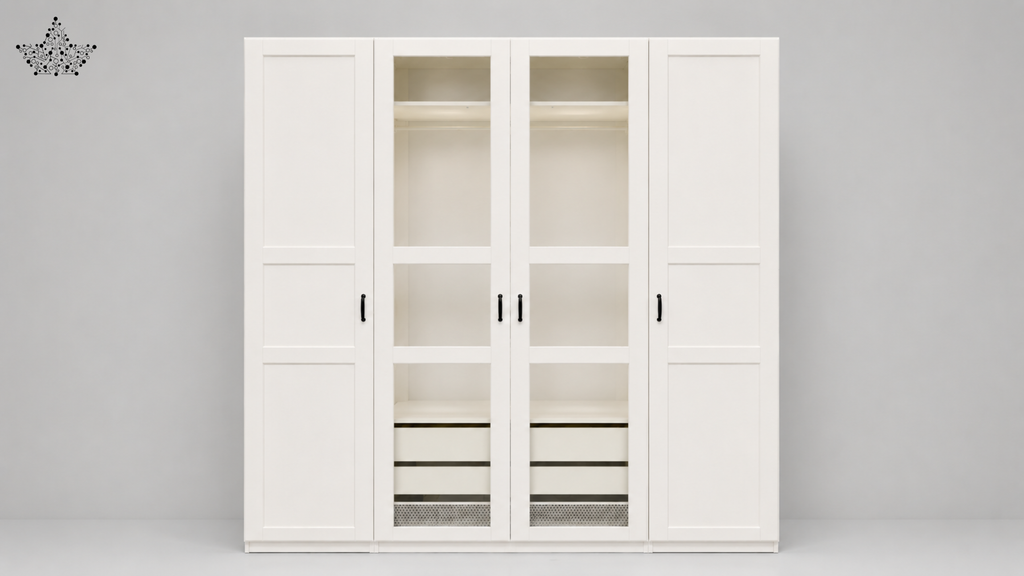 White wardrobe with glass panels on a gray background