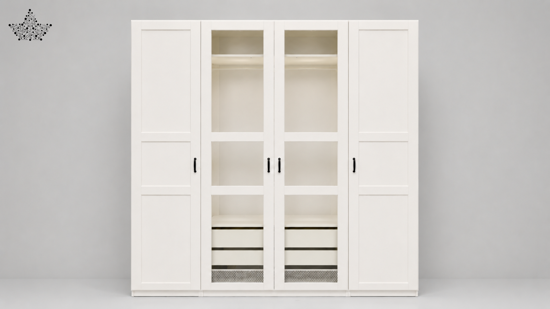 White wardrobe with glass panels on a gray background