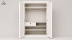 White wardrobe with open doors on a gray background