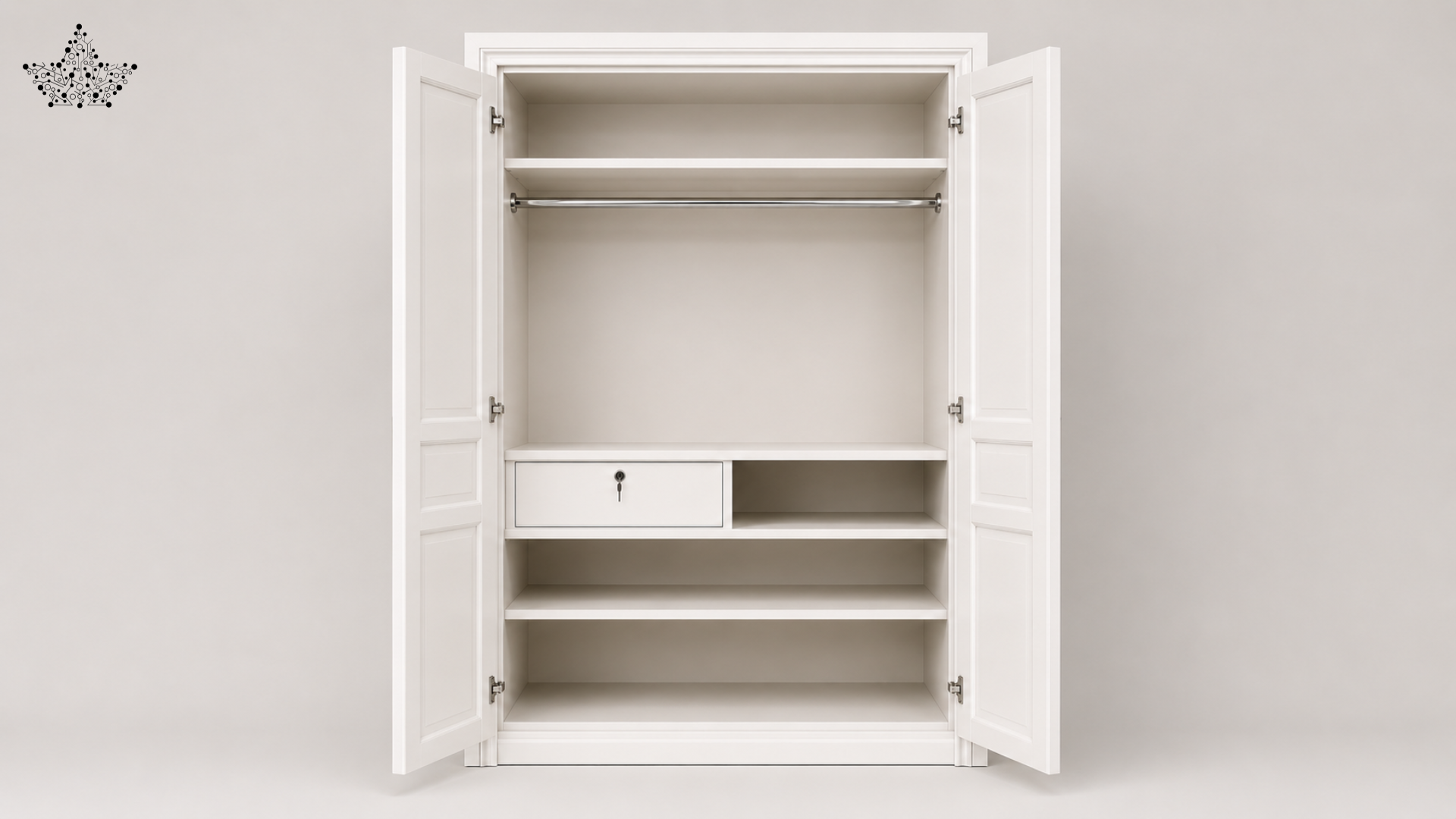White wardrobe with open doors on a gray background