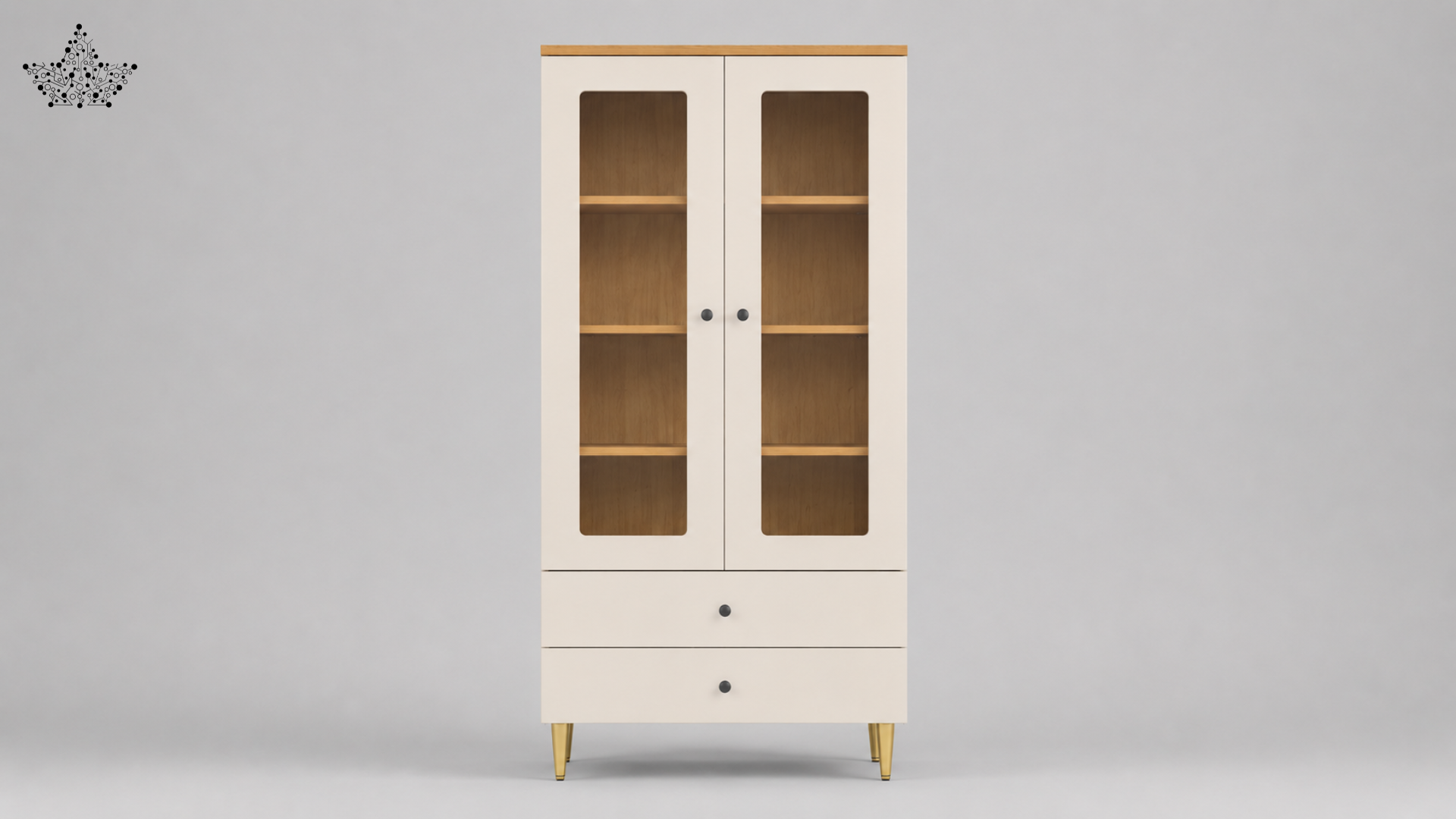 White cabinet with glass doors on a gray background