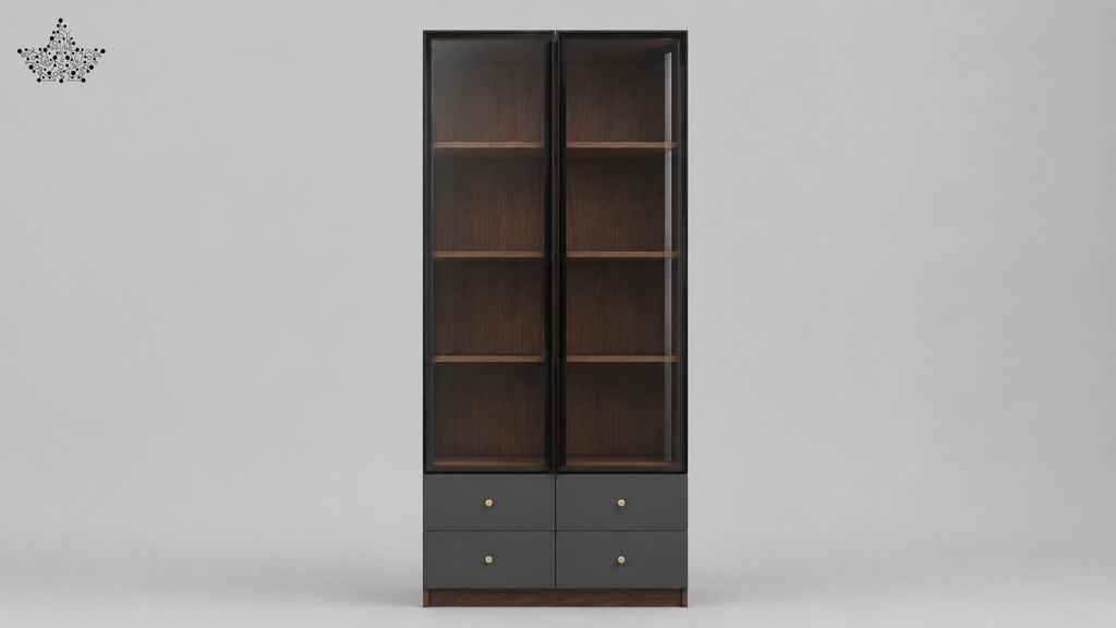 Tall dark wooden cabinet with glass doors and drawers on a gray background