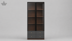 Tall dark wooden cabinet with glass doors and drawers on a gray background