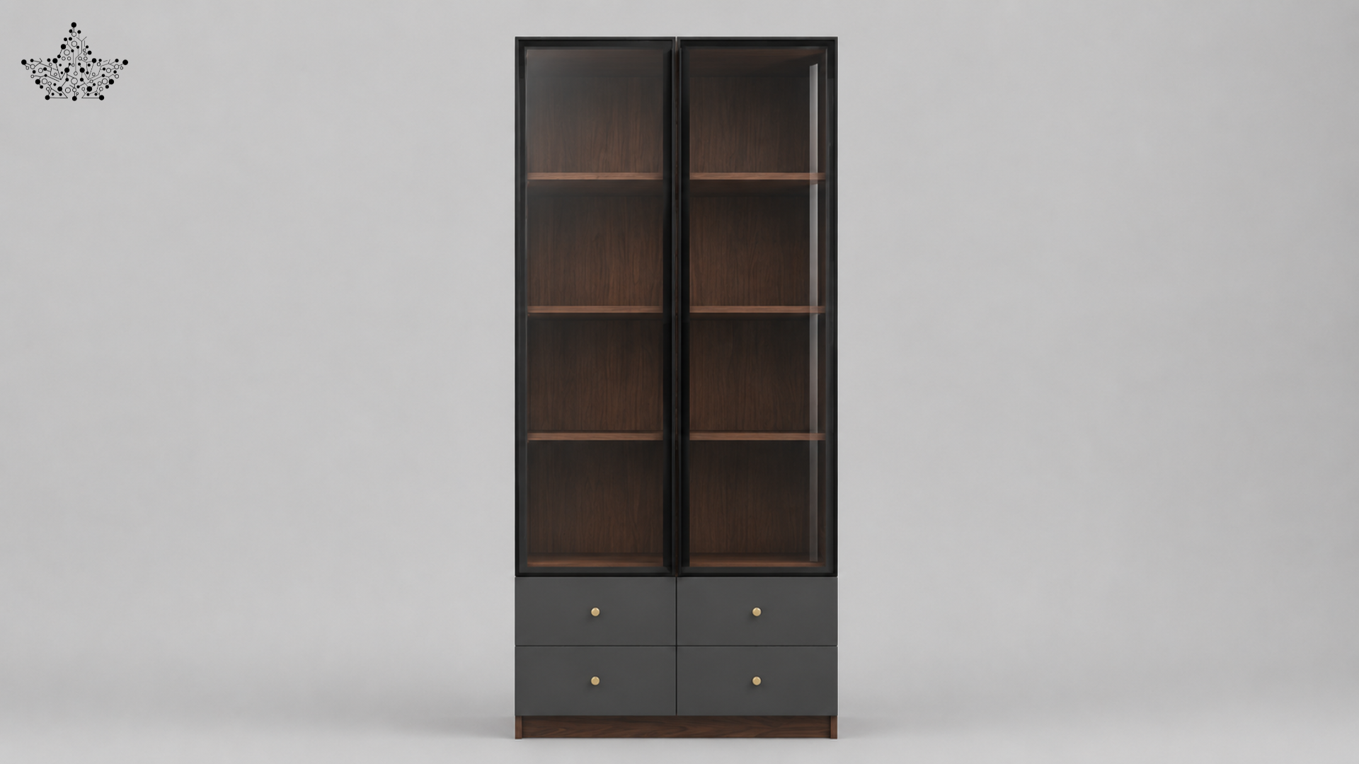 Tall dark wooden cabinet with glass doors and drawers on a gray background