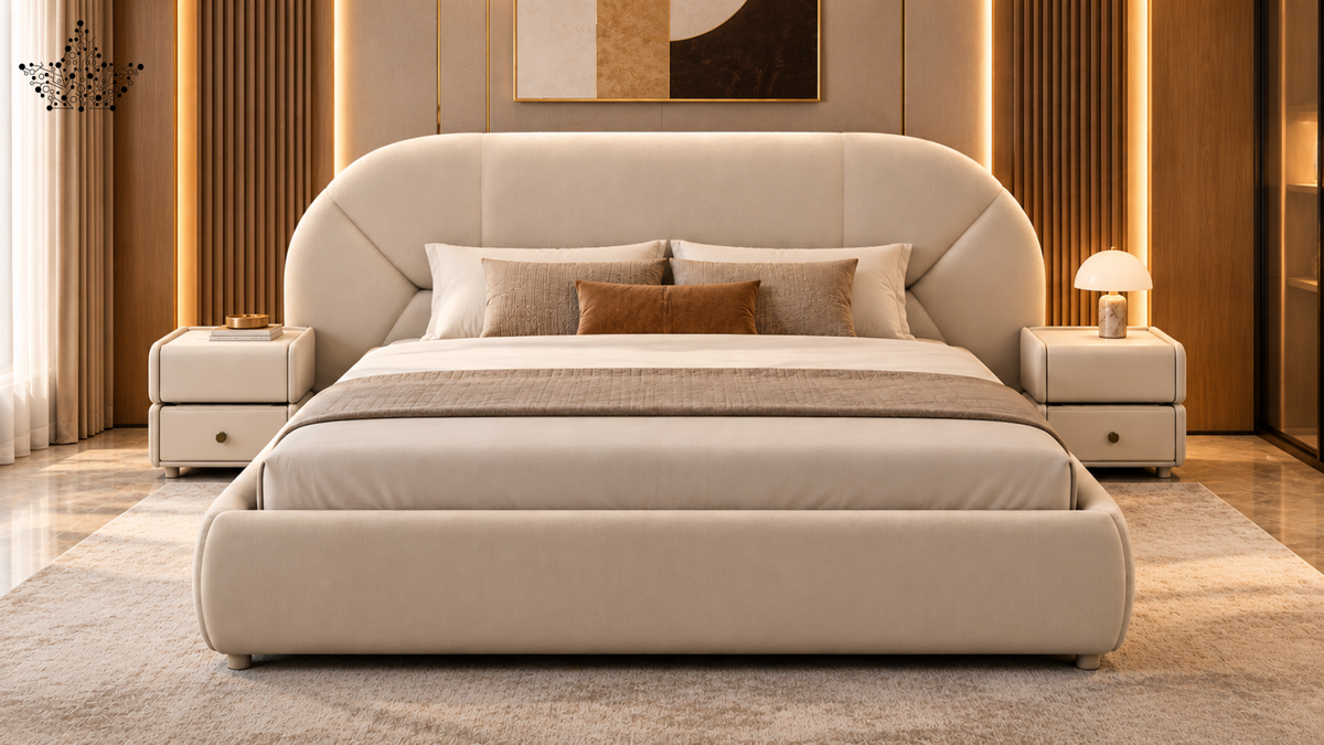 Ardas Aurelia Beige Upholstered Bed with Curved Headboard