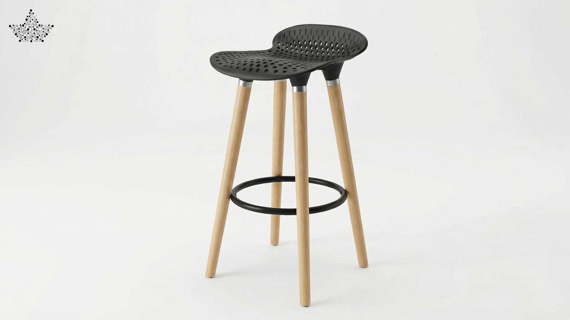 Bar stool with black woven seat and wooden legs on a white background
