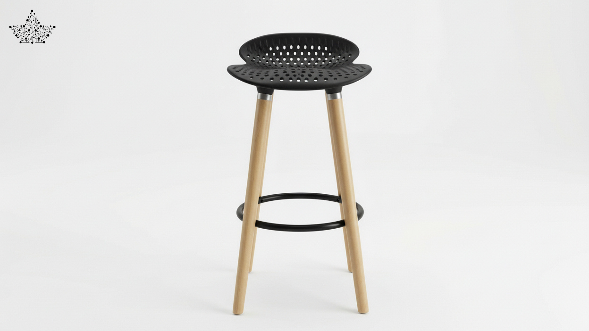 Bar stool with black perforated seat and wooden legs on a white background