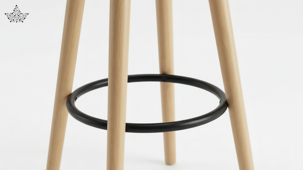 Wooden bar stool with a black metal ring on a white background