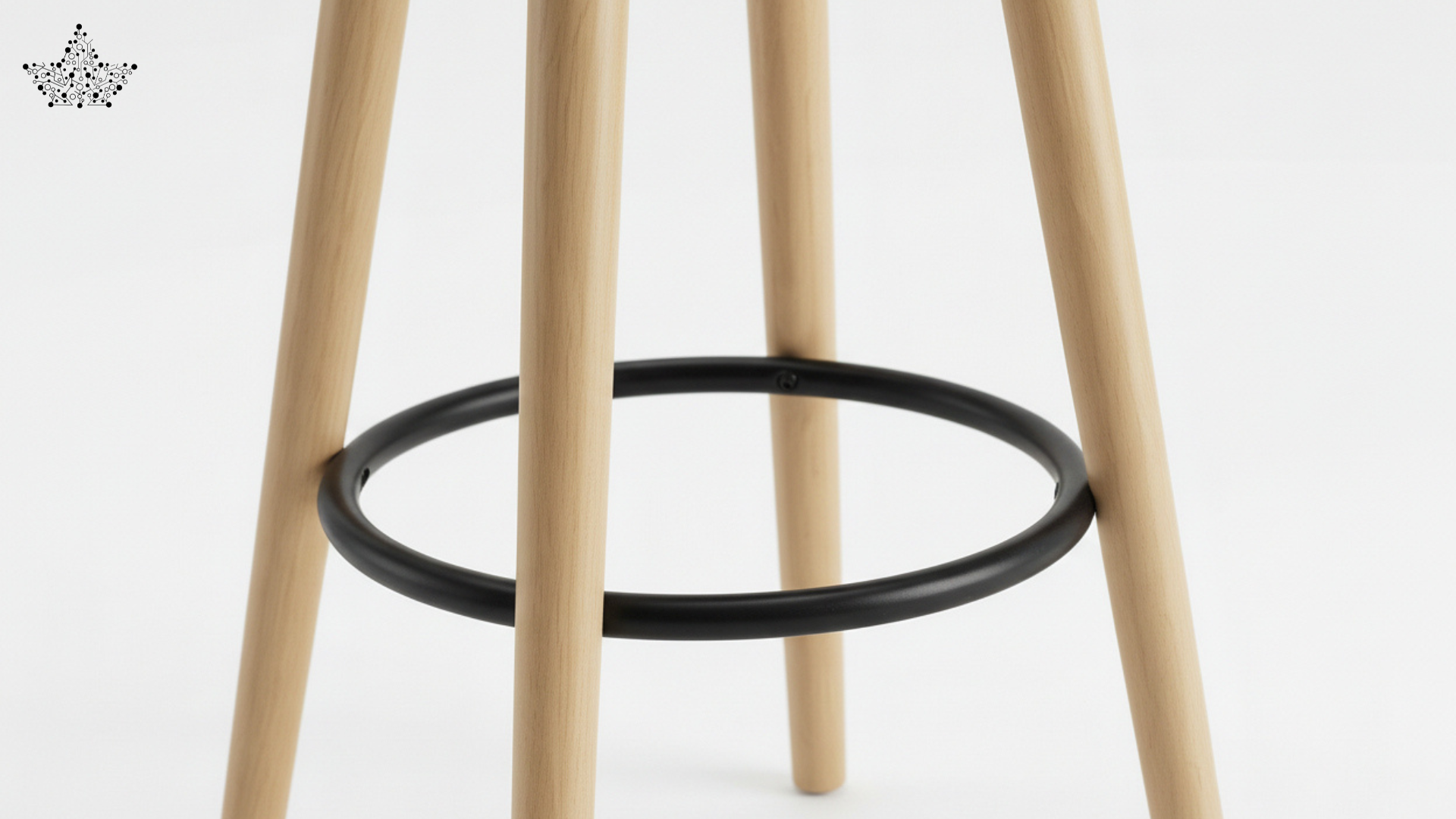 Wooden bar stool with a black metal ring on a white background