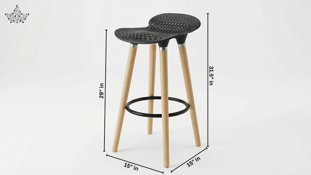 Black bar stool with wooden legs and measurements on a white background