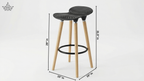 Black bar stool with wooden legs and measurements on a white background