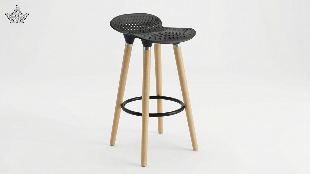 Bar stool with black woven seat and wooden legs on a white background