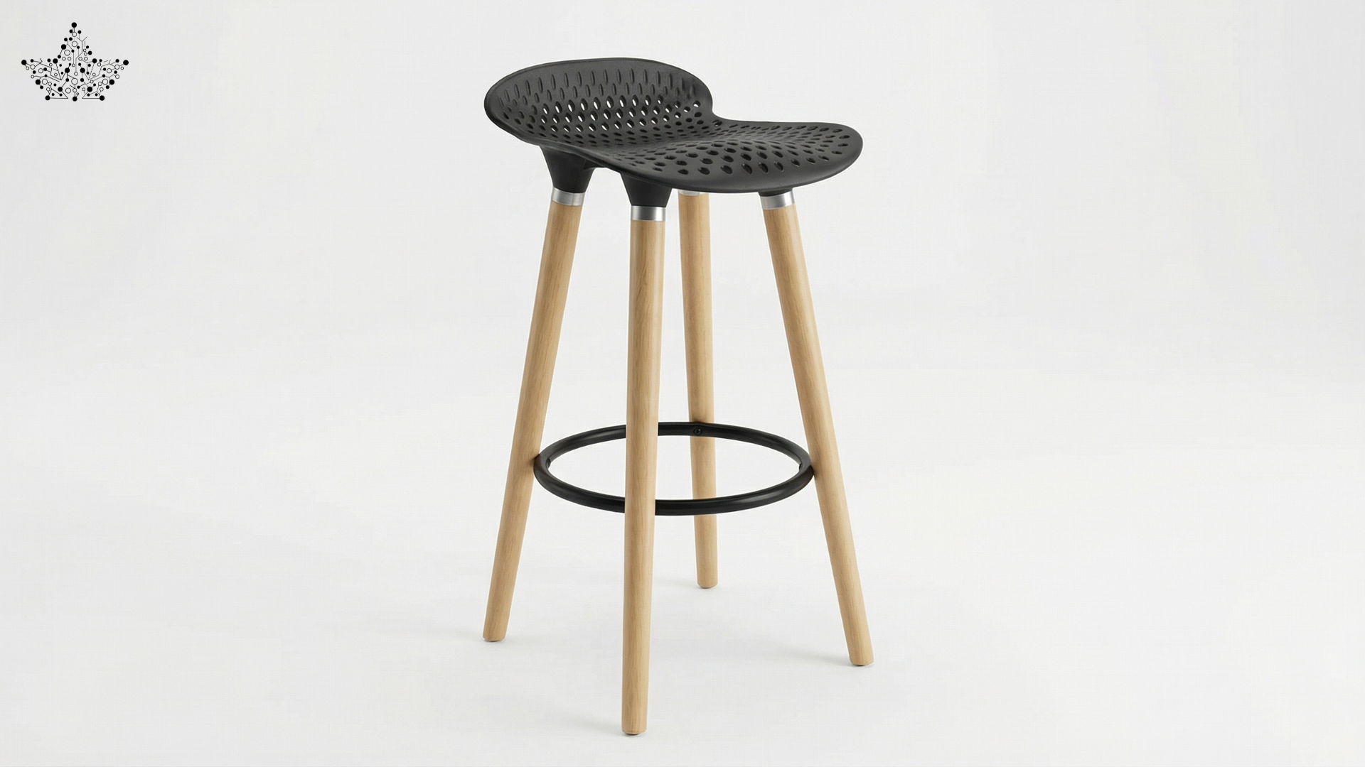 Bar stool with black woven seat and wooden legs on a white background