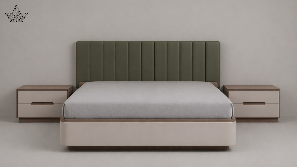 Bedroom setup with a bed, two nightstands, and a headboard against a plain wall.