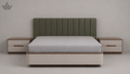 Bedroom setup with a bed, two nightstands, and a headboard against a plain wall.