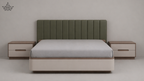 Bedroom setup with a bed, two nightstands, and a headboard against a plain wall.