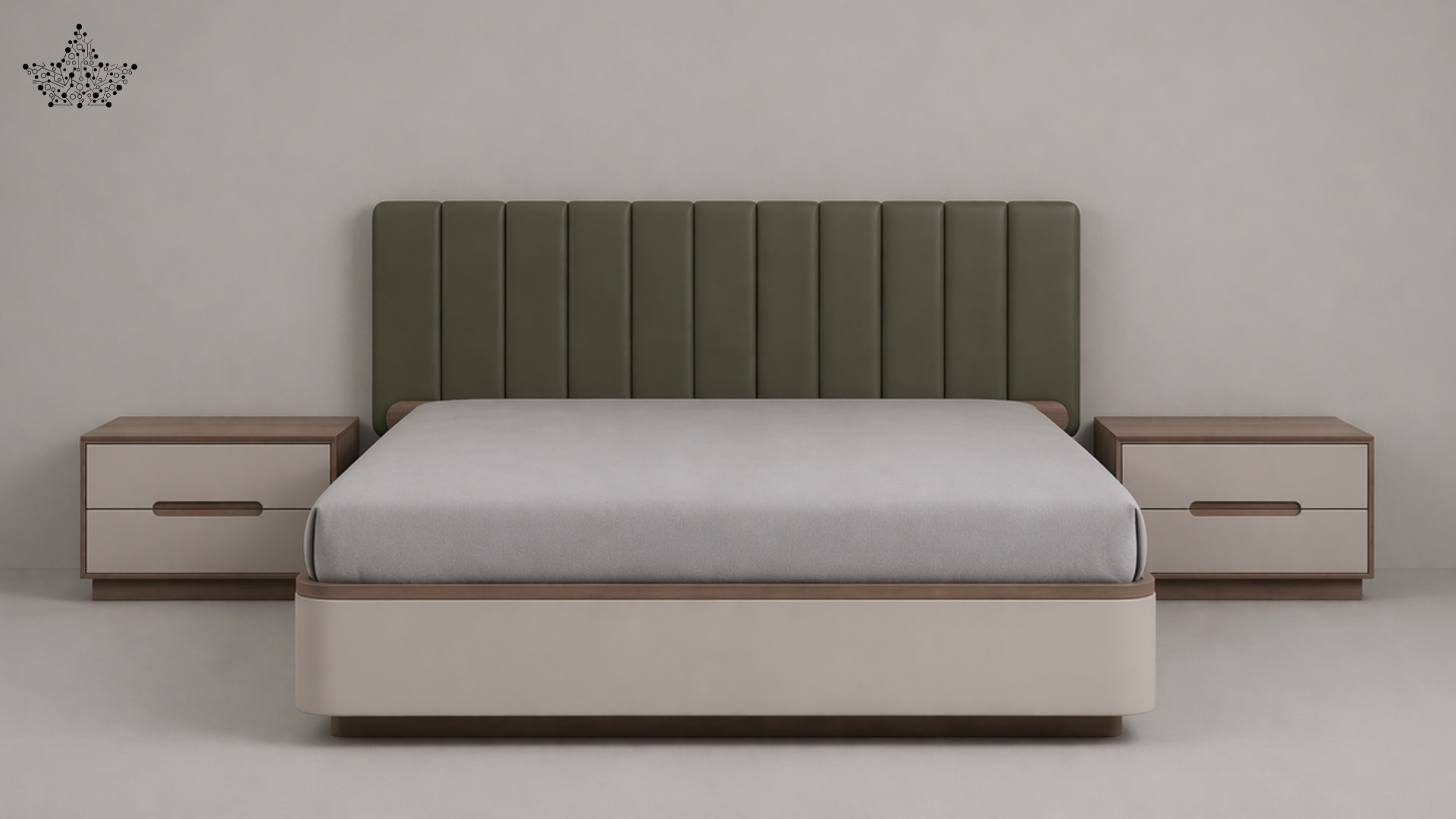 Bedroom setup with a bed, two nightstands, and a headboard against a plain wall.