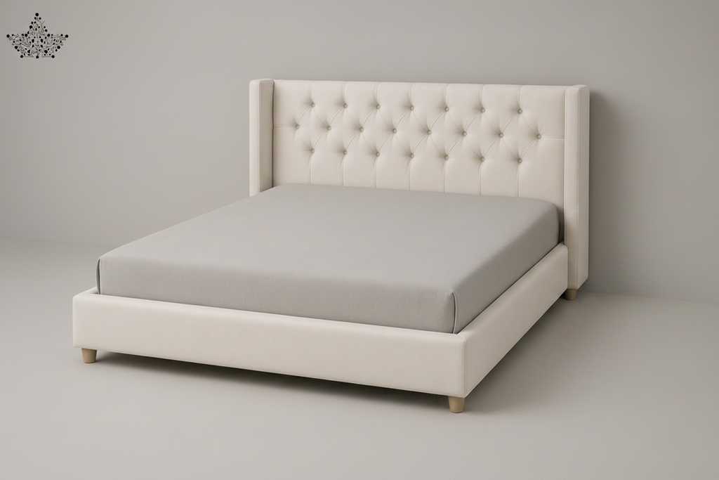 Beige upholstered bed with tufted headboard and matching nightstands on a gray background