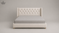 Beige upholstered bed with tufted headboard on a gray background