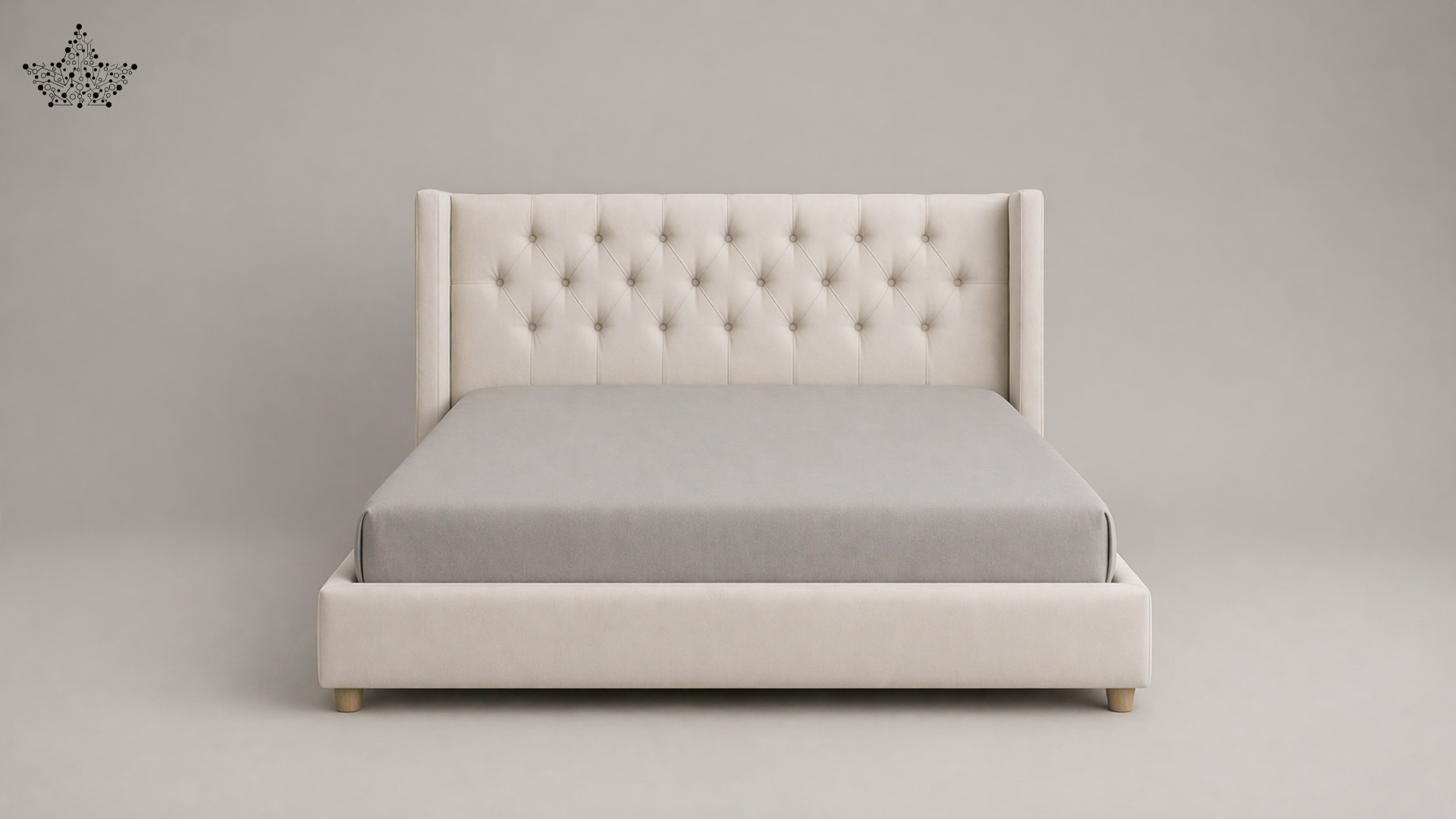 Beige upholstered bed with tufted headboard on a gray background