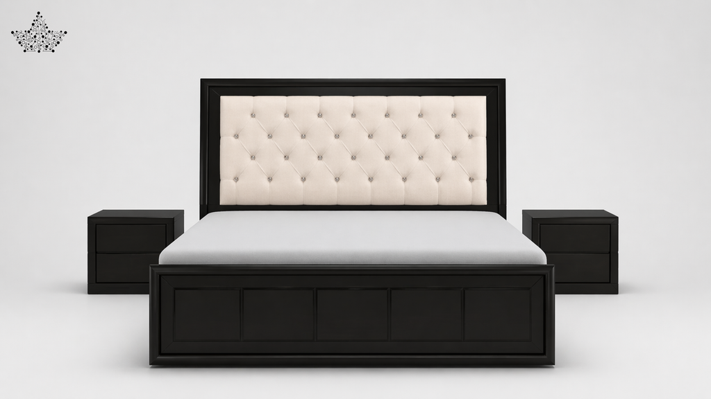Black bed frame with white tufted headboard on a light gray background