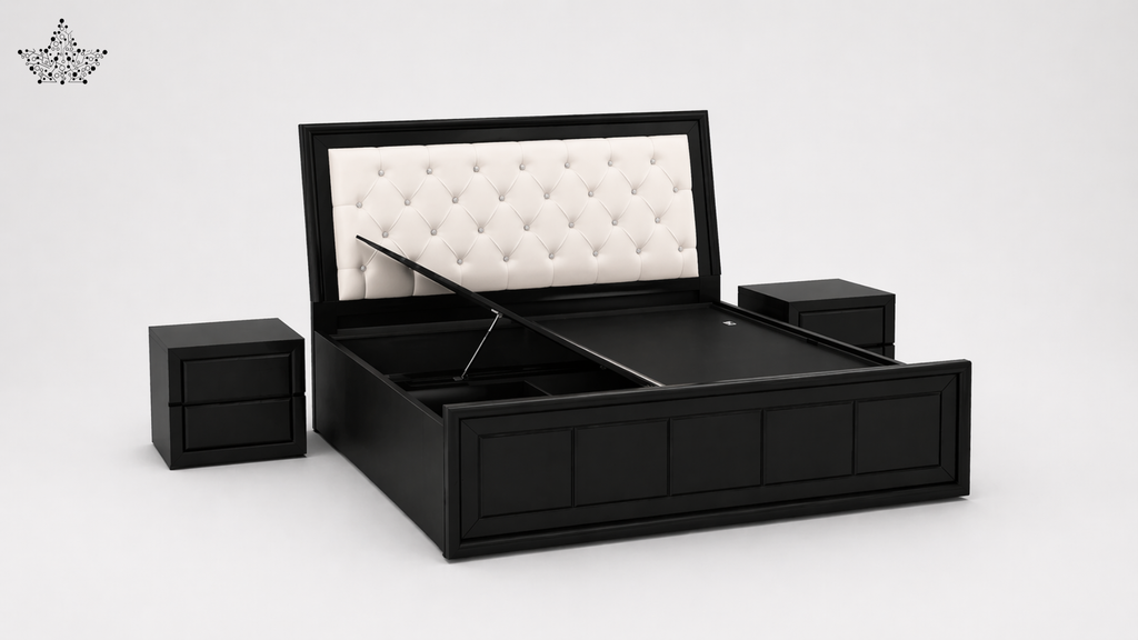 Black bed with tufted headboard and matching nightstands on a white background
