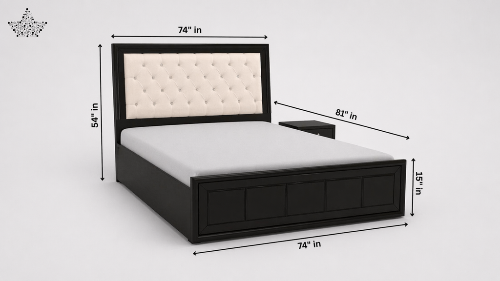 Bed with dimensions labeled on a white background